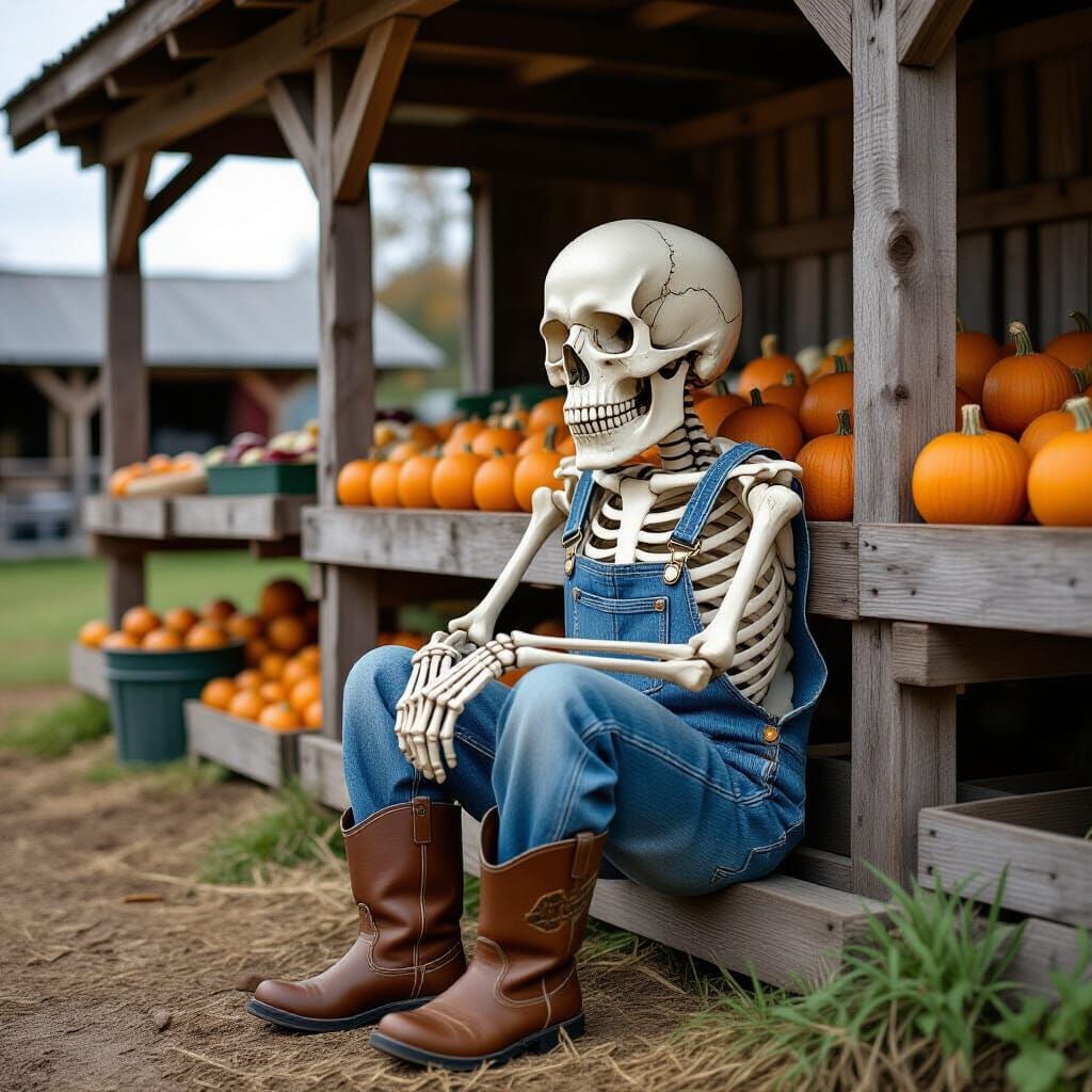 sulkin' skull in overalls and boots