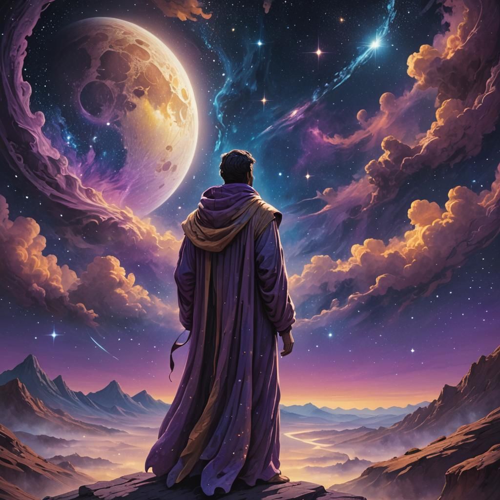 Celestial Figure Gazing at Stars in Sci-Fi Art