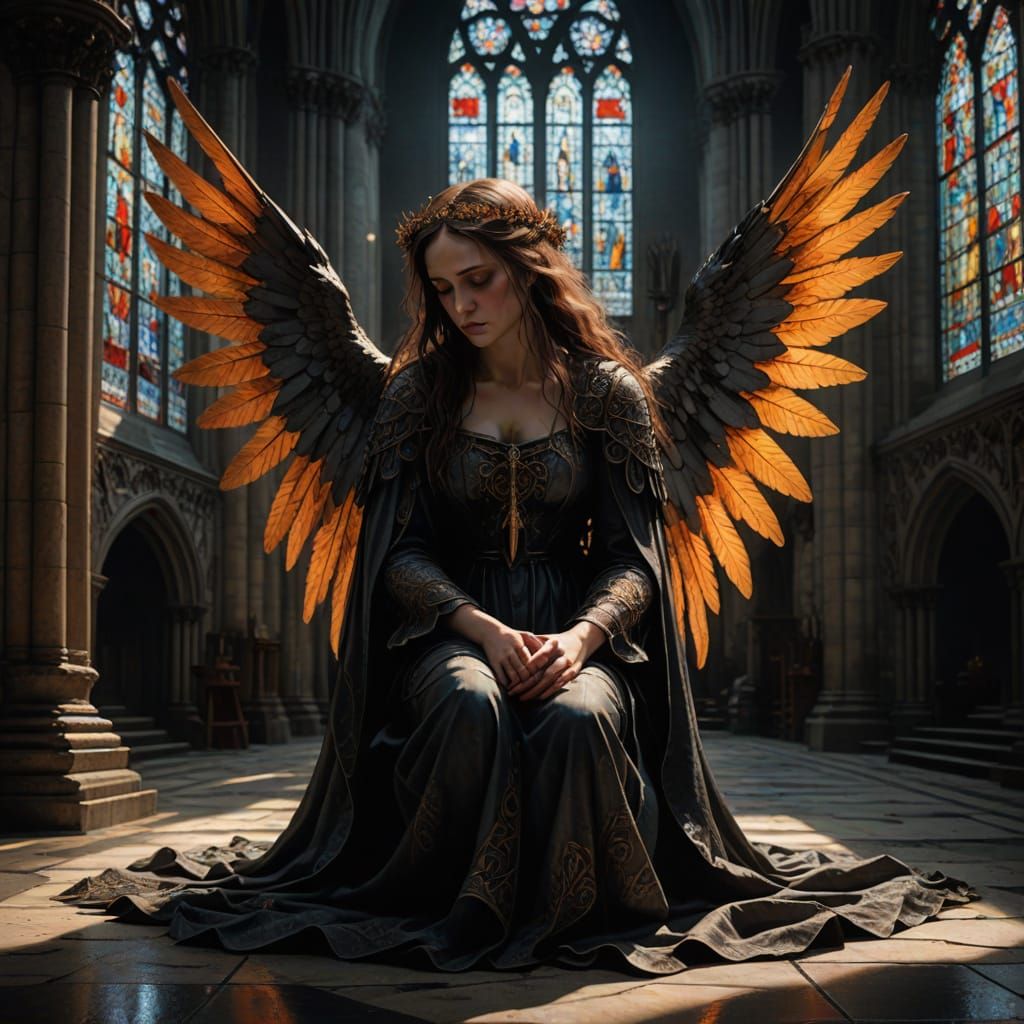 Angel of Despair in Gothic Cathedral