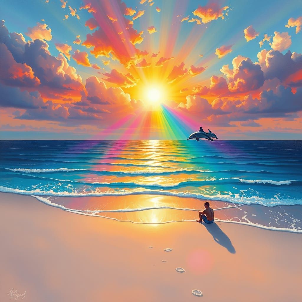 Prismatic Sunset Beach with Dolphins in Impressionistic Styl...