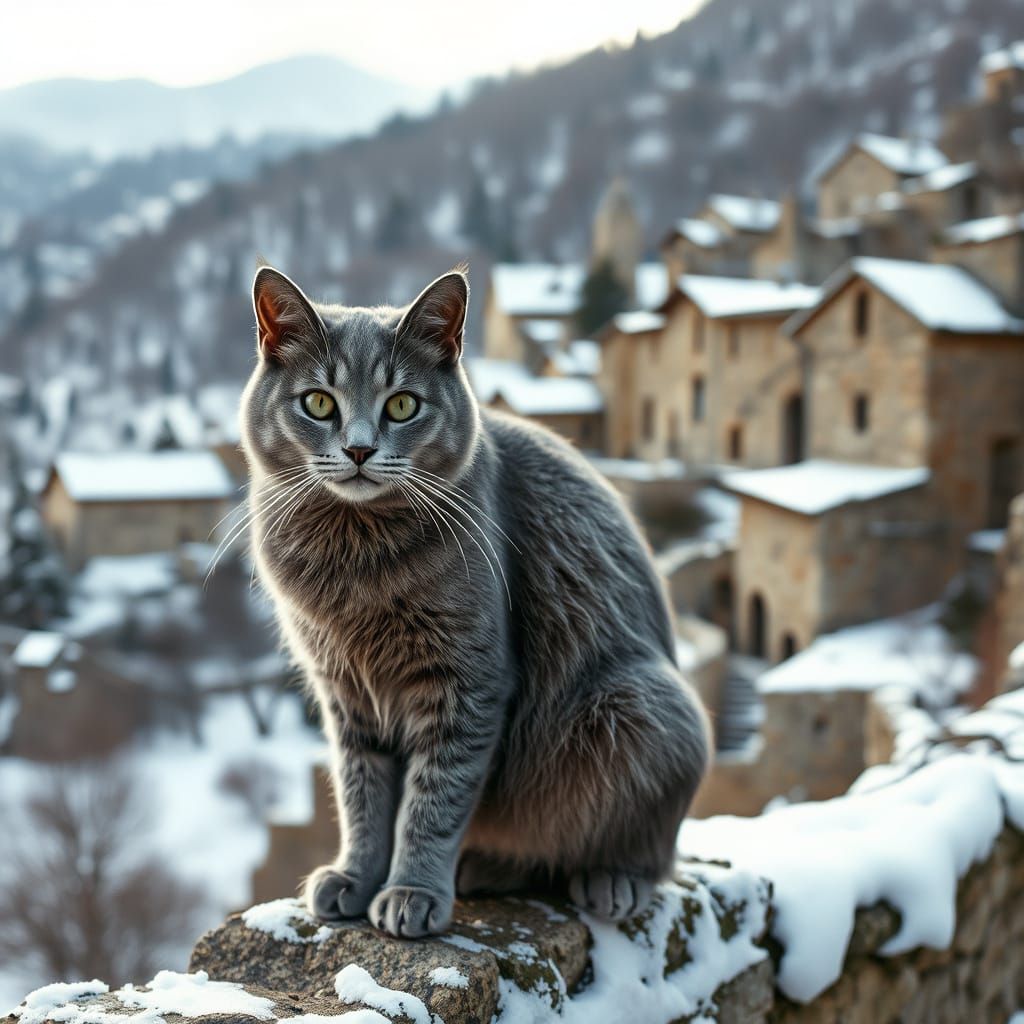 Gray Cat on Ancient Village in Snow-Capped Mountains
