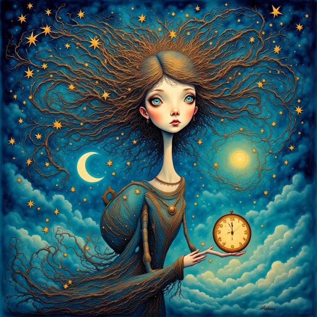 She winds the clock in starry skies