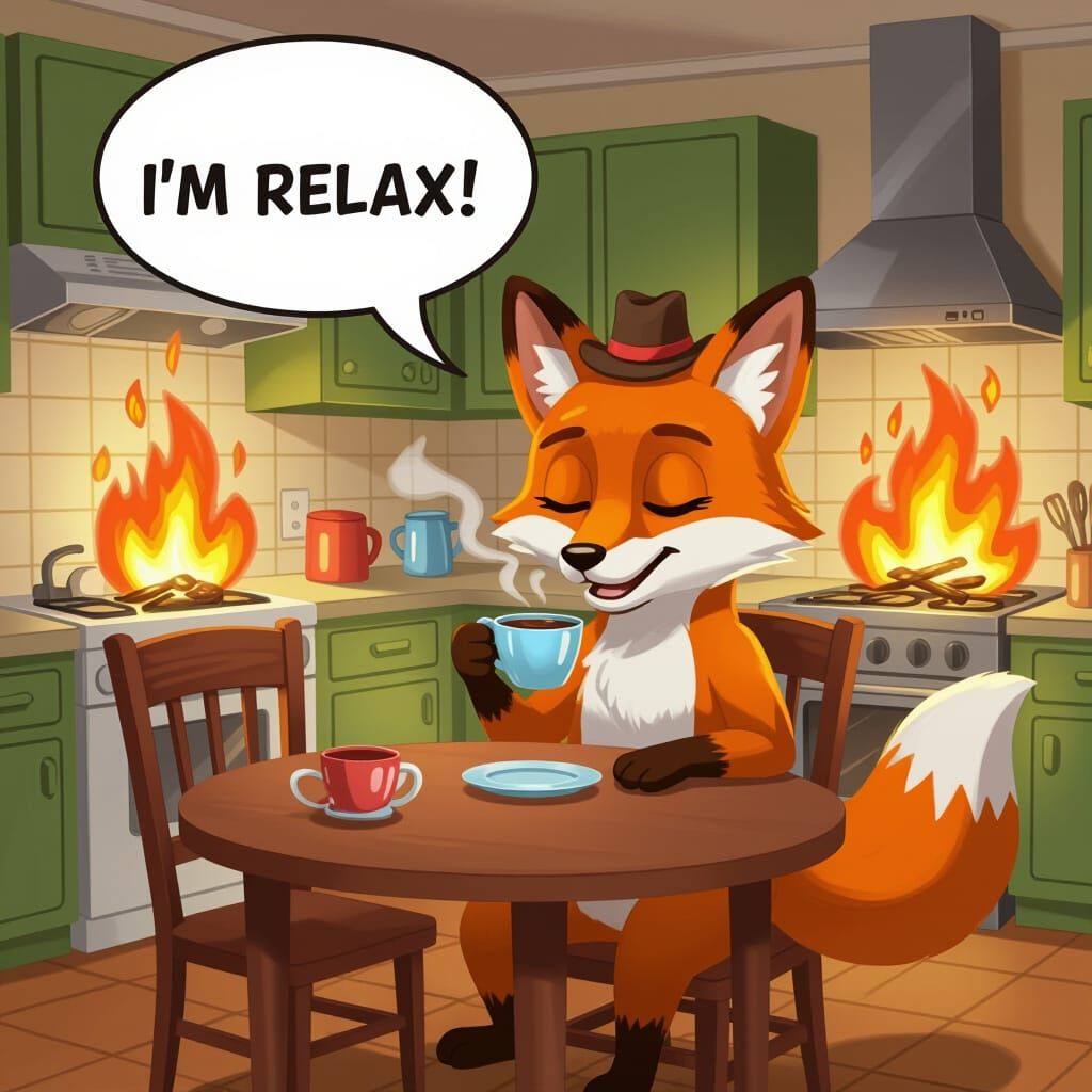 Cartoon Fox Relaxes as House Burns