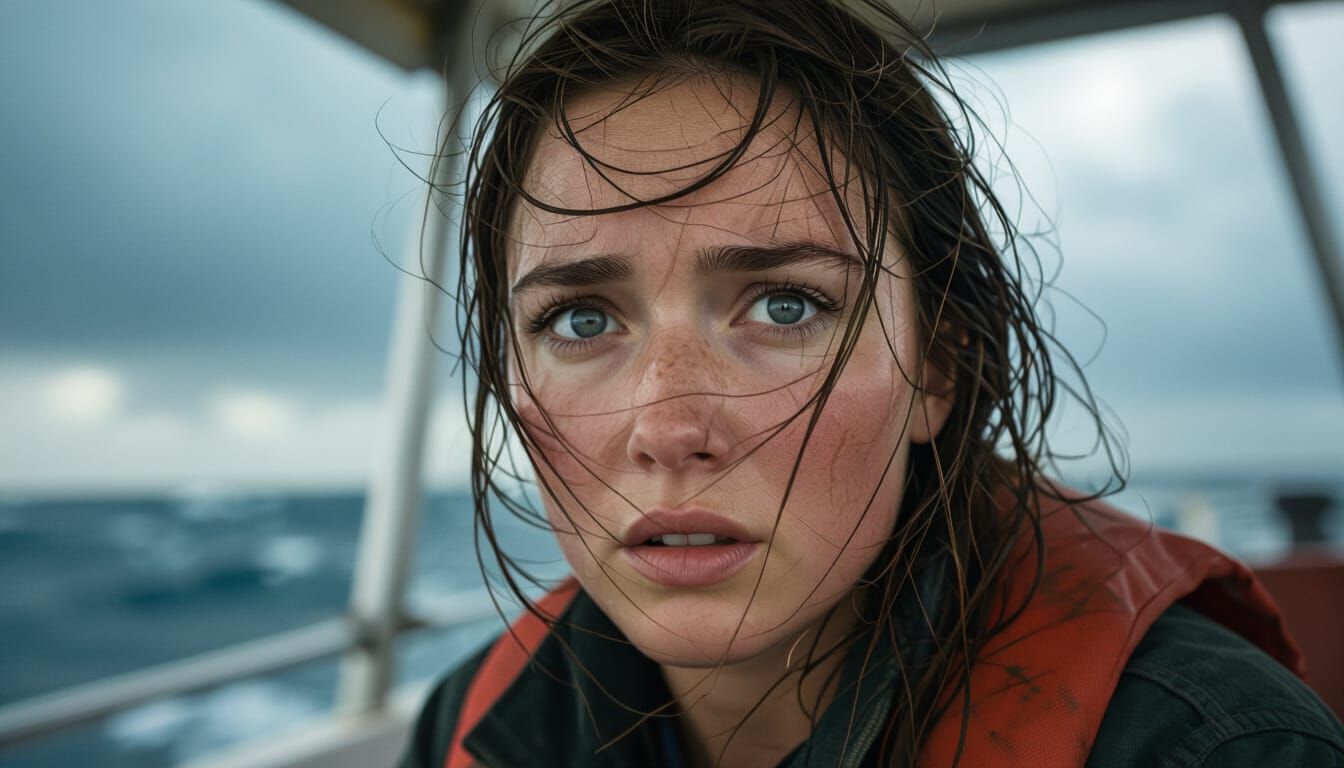 Woman Faces Storm on Trawler Deck