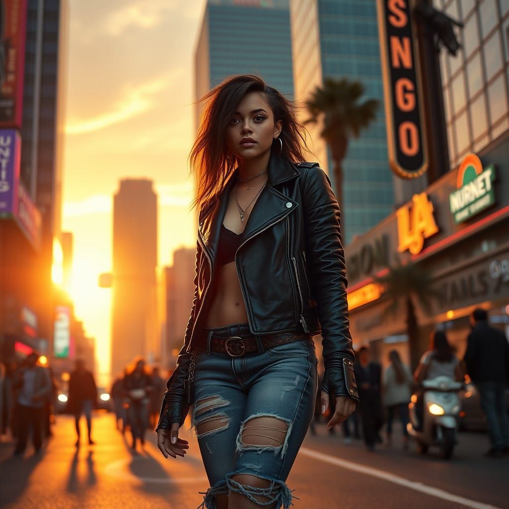 Edgy Avant-Garde Woman on Sunset Boulevard at Golden Hour
