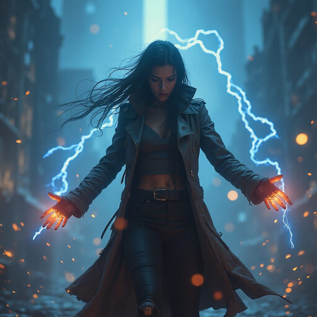 Cyberpunk Woman Unleashes Lightning Storm