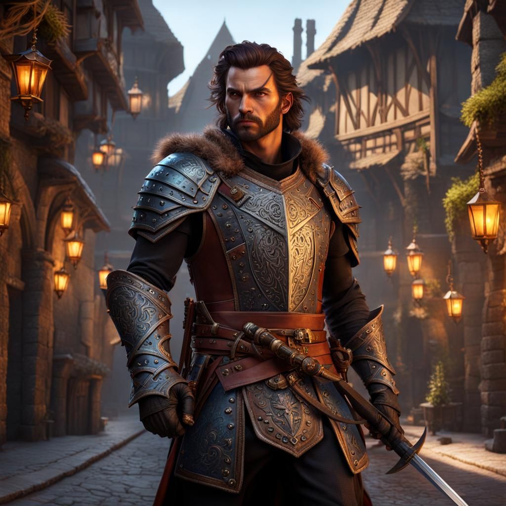 D&D Fighter in Medieval Town, Detailed Matte Painting