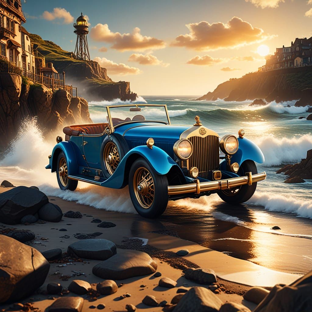 Steampunk Convertible Car on Coastal Road in Oil Painting St...