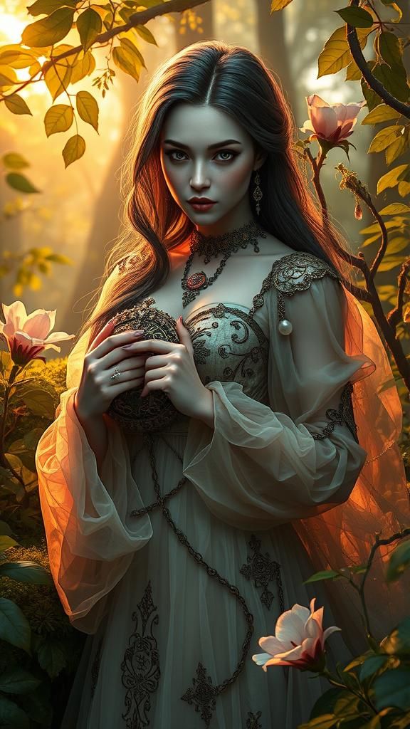 Vampire in Ethereal Gown with Ancient Relic