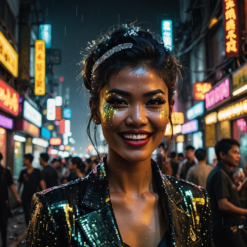 Cyberpunk Girl Laughing with Champagne in Neon City