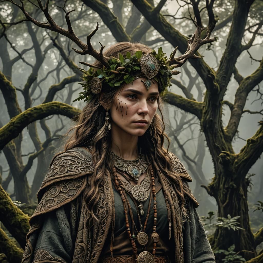 Hyperrealistic Druid Woman Portrait in HDR