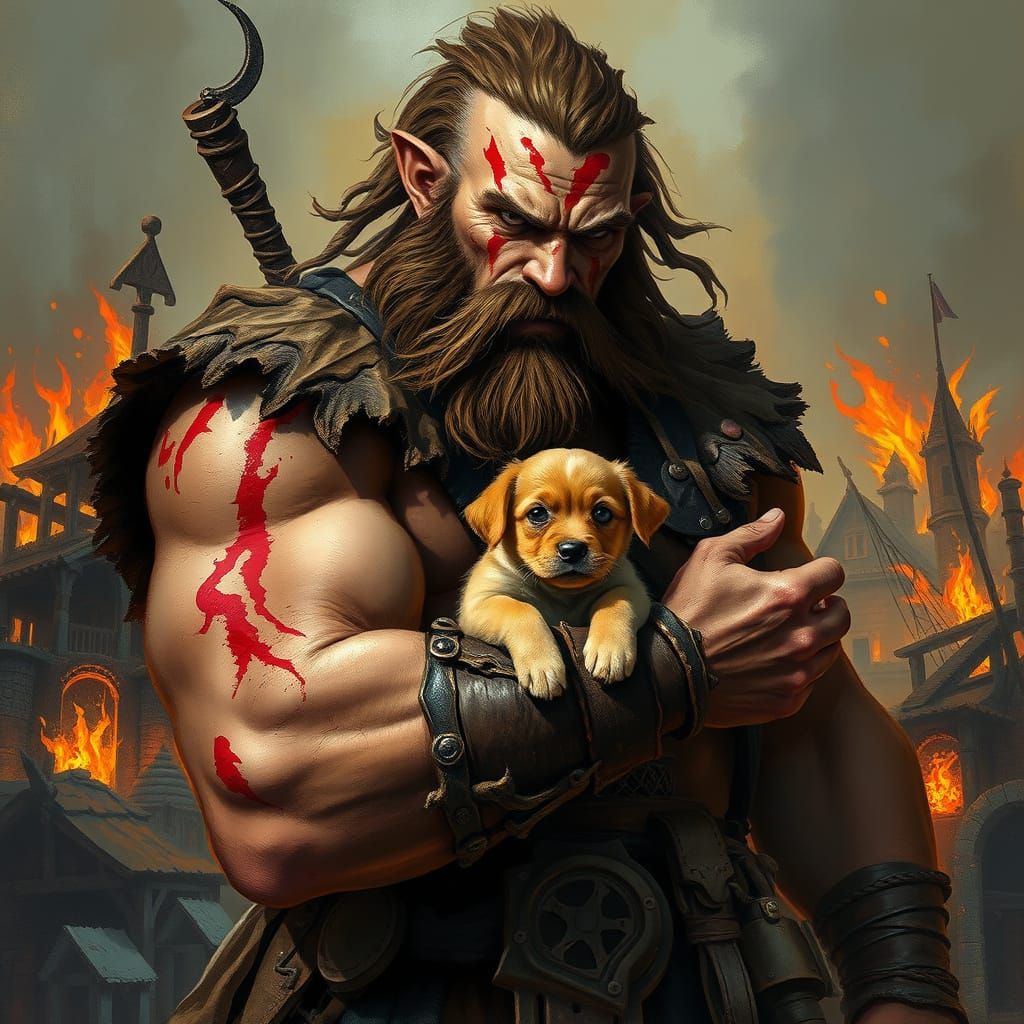 Barbarian Warrior Rescues Puppy Amidst Village Ruins