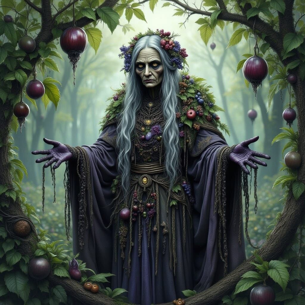 Fruit Witch in Enchanted Forest, Dark Fantasy Style