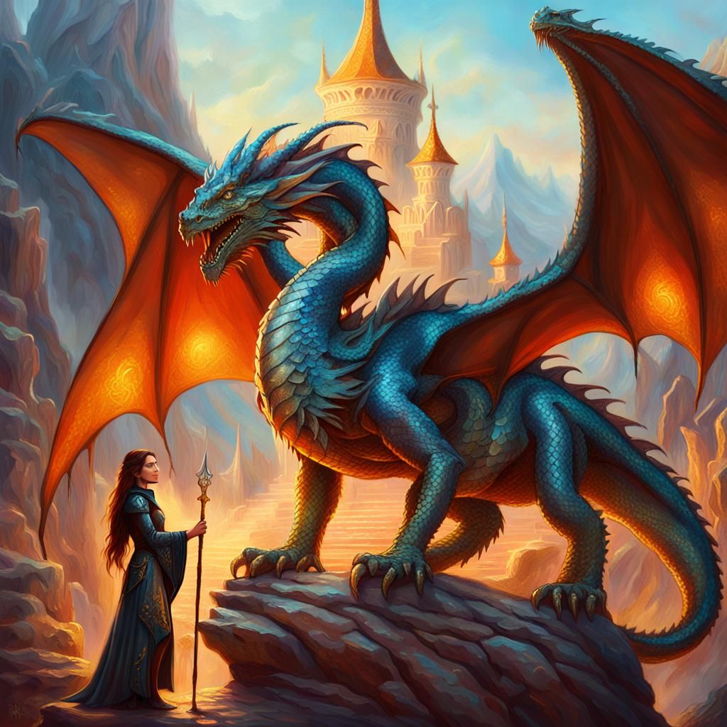 Sorceress and Dragon in Mystical Oil Painting Style
