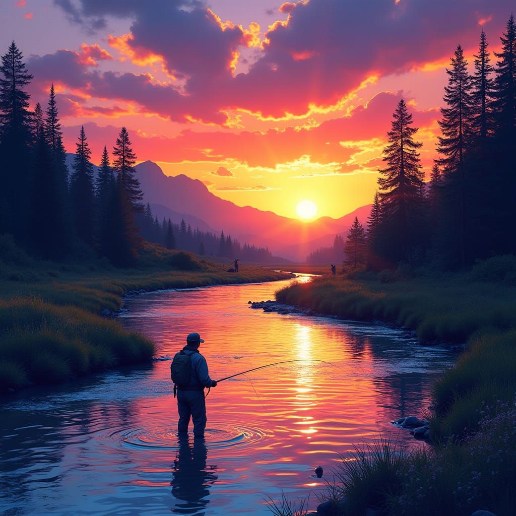 A vivid, cinematic sunrise scene with a wide stream running ...
