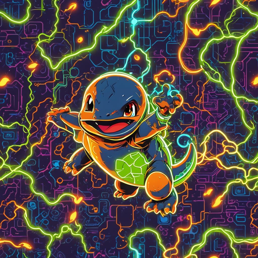 Charmander Outline in Vibrant 80s Retro Design