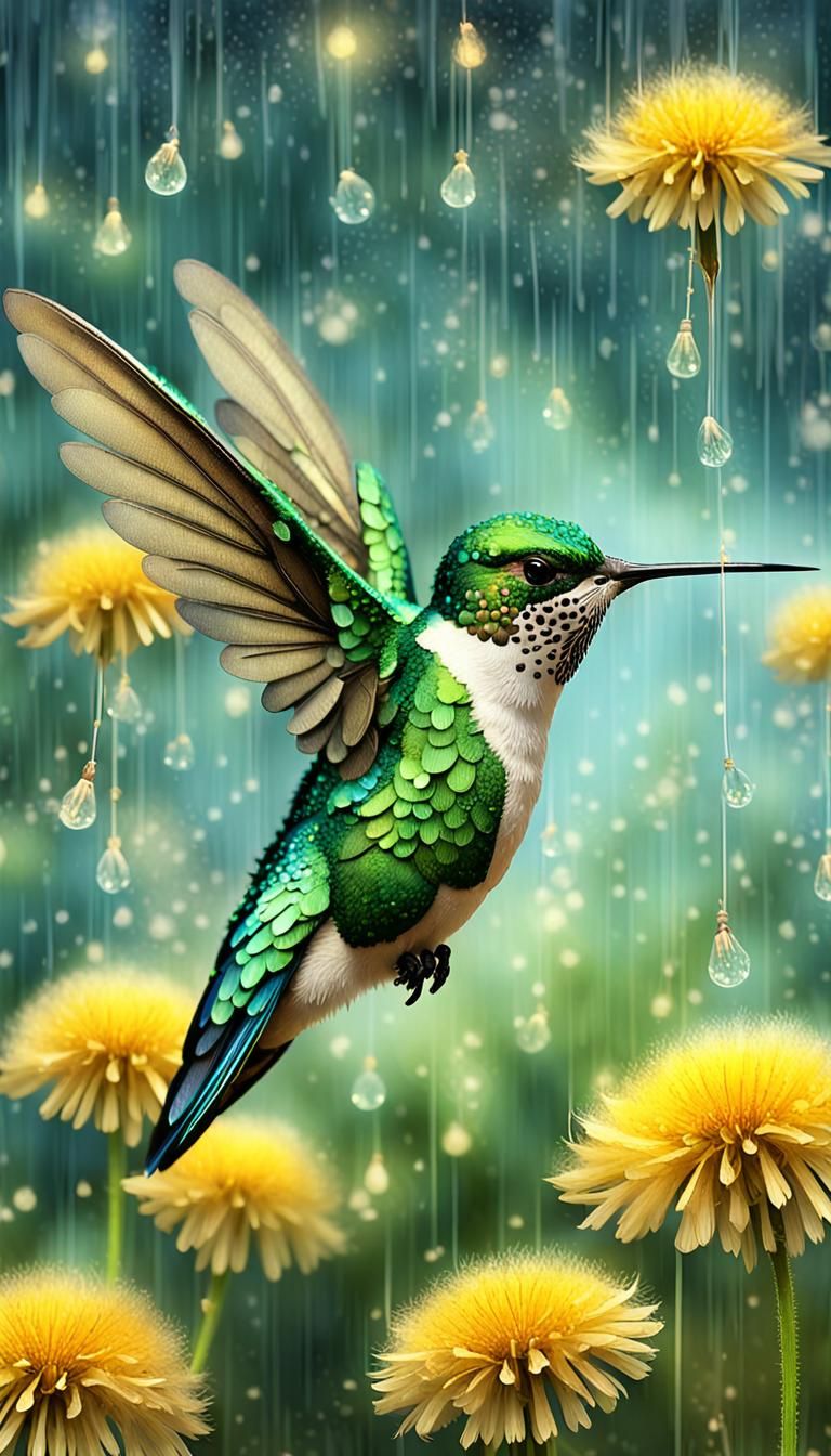 Hummingbird in Rain, Fairytale 3D Digital Art