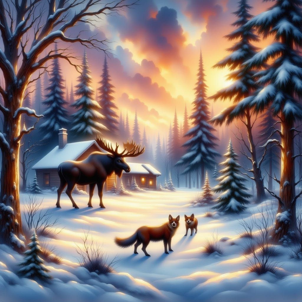 Snowy Forest Cabin at Twilight as Oil Painting