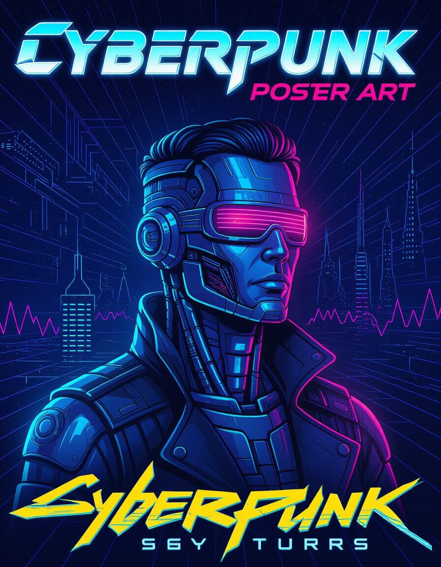 Retro Cyberpunk Cyborg in Neon Sci-Fi Poster Art