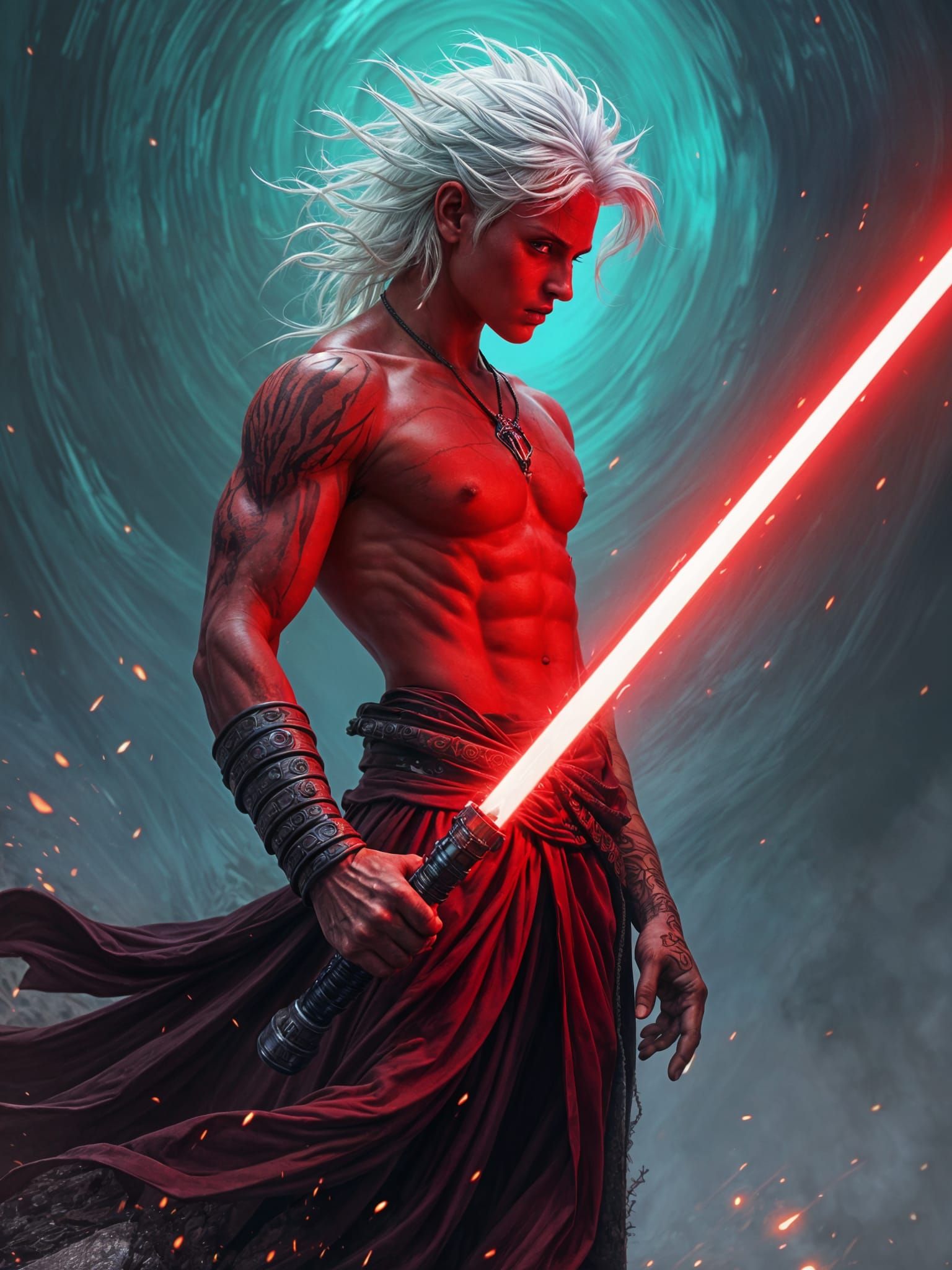 Surreal Sith Warrior Unleashes Fury with Lightsaber