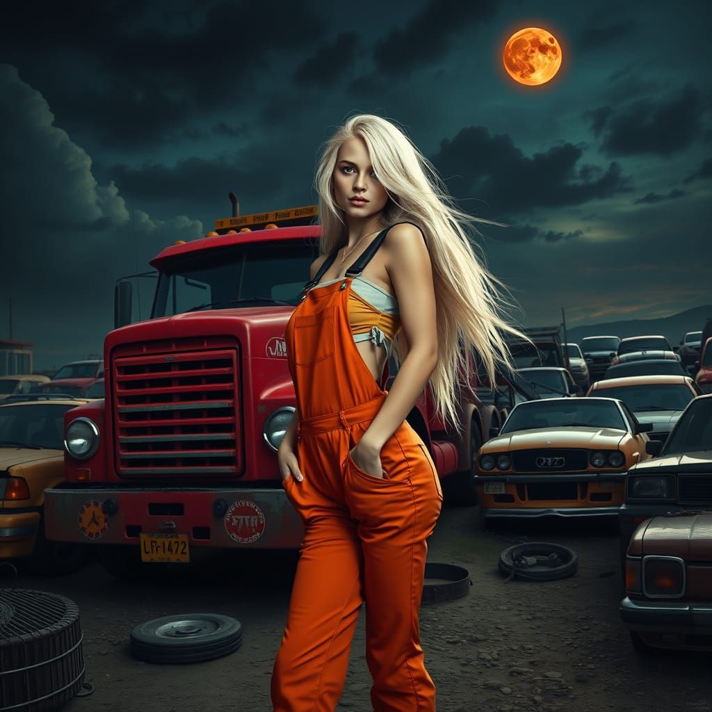 Vibrant Swedish Woman in Hyperrealistic Tow Truck Scene