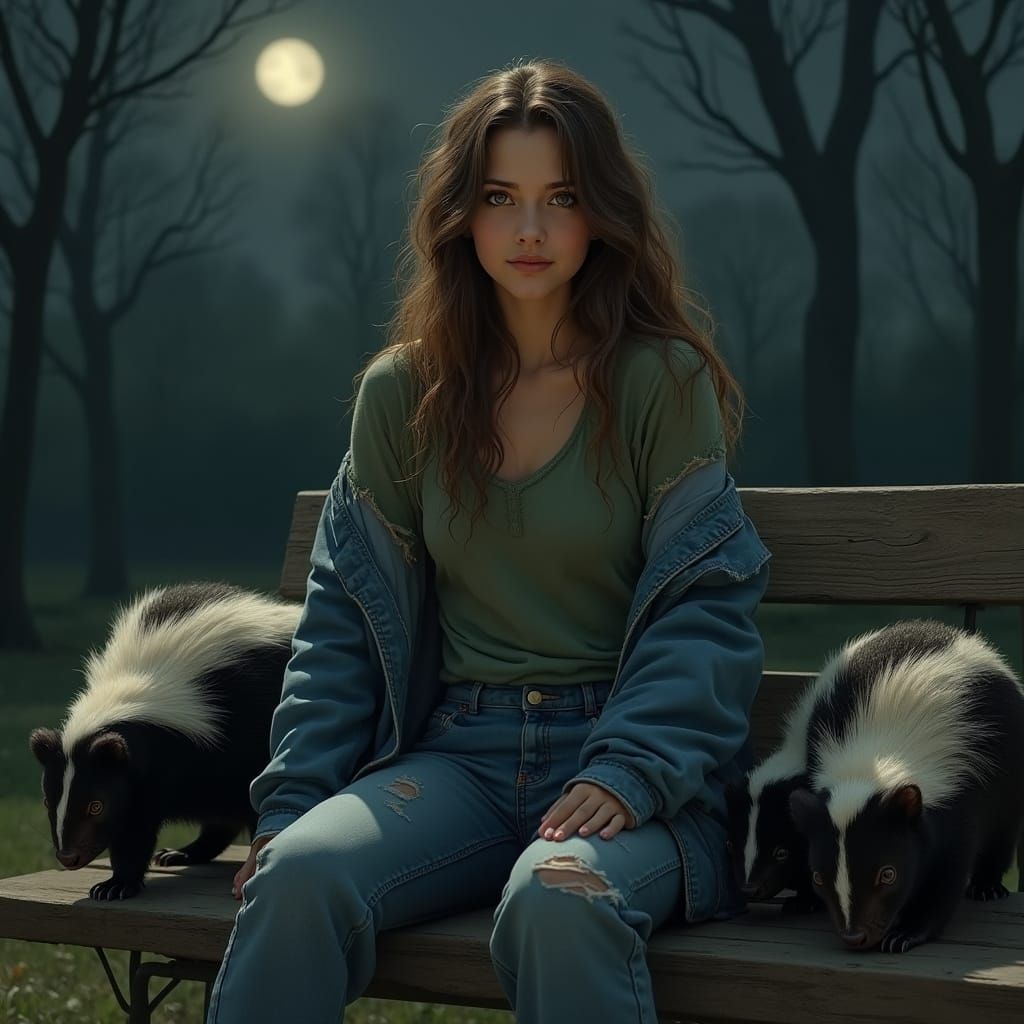 Whimsical Park Bench Scene in Moonlit Twilight