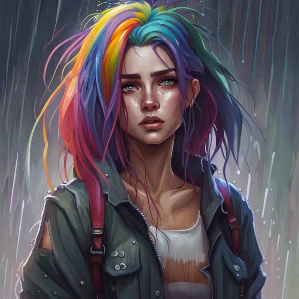 Rainbow Hair Woman in the Rain, Digital Art