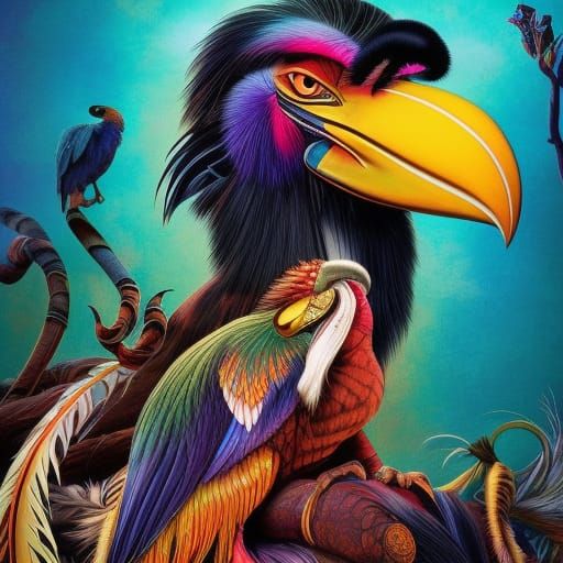 Psychedelic Yarn Hornbill Illustration in Storybook Style
