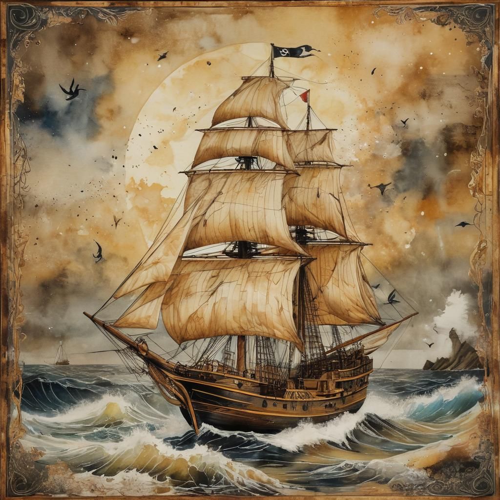 Quilted Pirate Ship on Parchment in Watercolor Style