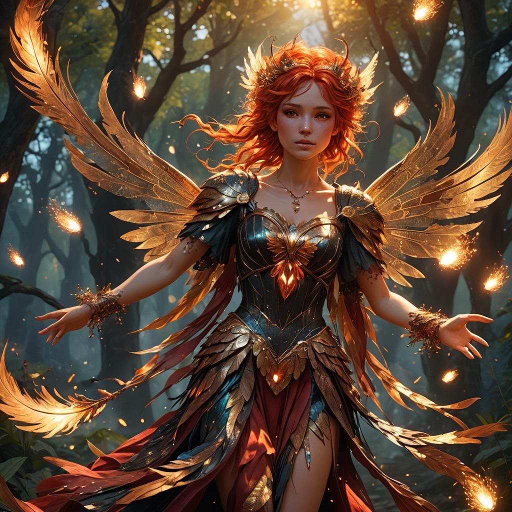 Fire-Haired Fairy in Nature with Feather Dress