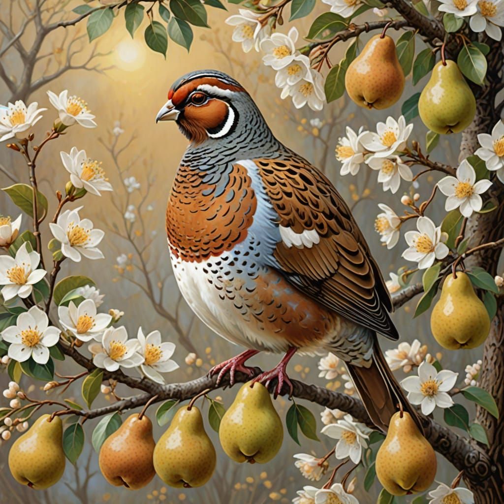 Partridge in a Vibrant Winter Pear Tree, in Impressionist St...