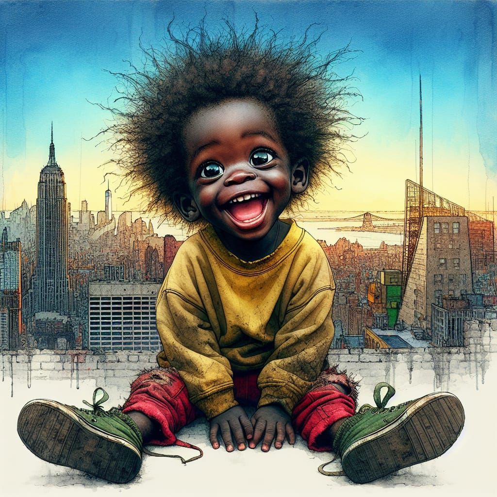 Joyful Boy in New York City, Watercolor Style