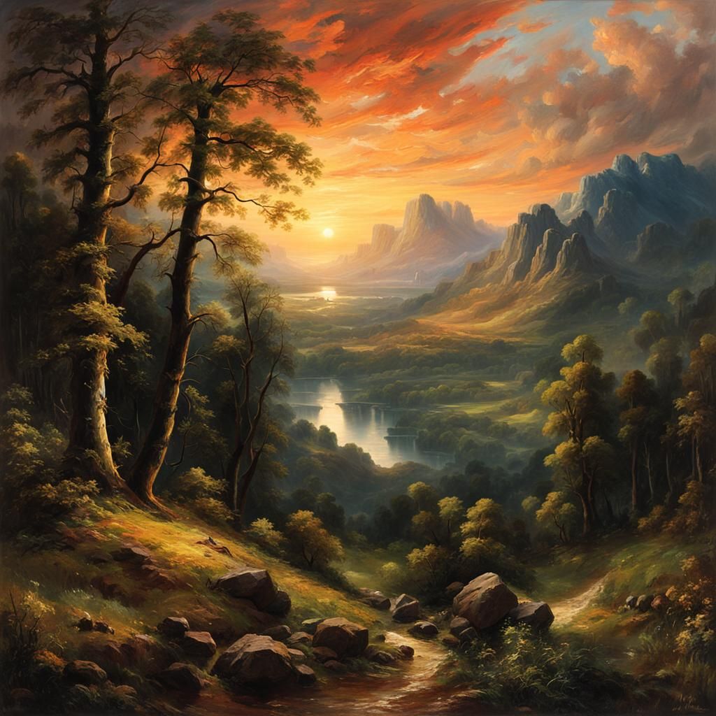 Sunset Landscape with Old Man, Constable Style