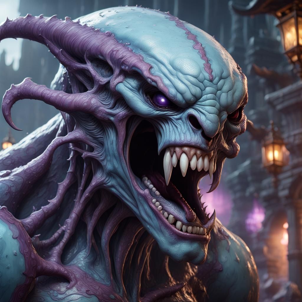 Vicious Pale Blue Alien in Dark Fantasy Style