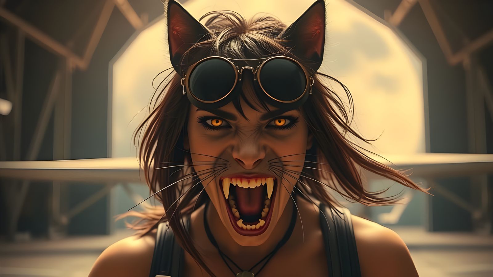 Furious Feline Aviatrix in Retro-Futuristic Hangar
