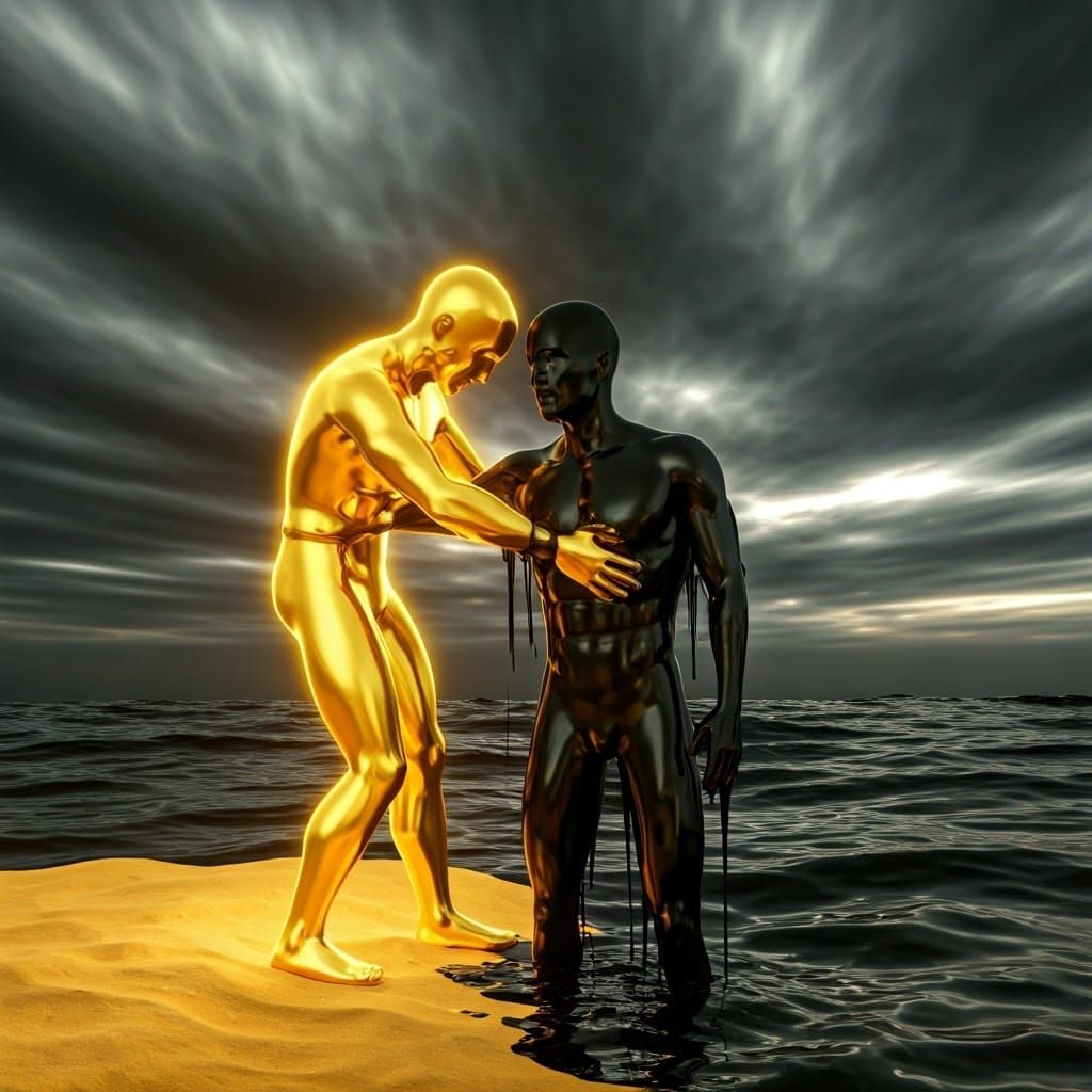 Golden Humanoid Rescuing Ink-Drenched Figure: 3D Render