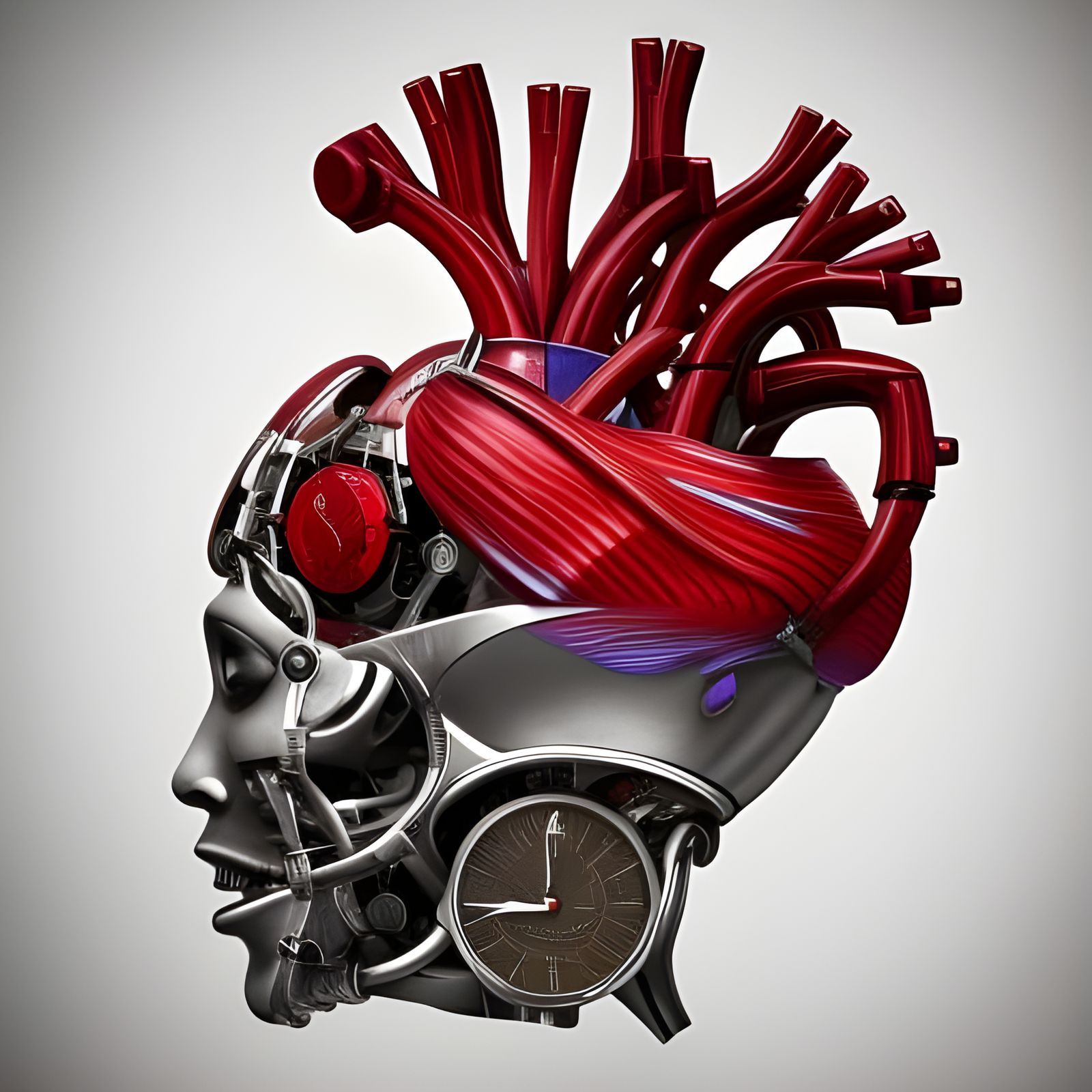 Surreal Cyborg Heart with Vintage Watch, Vivid Colors