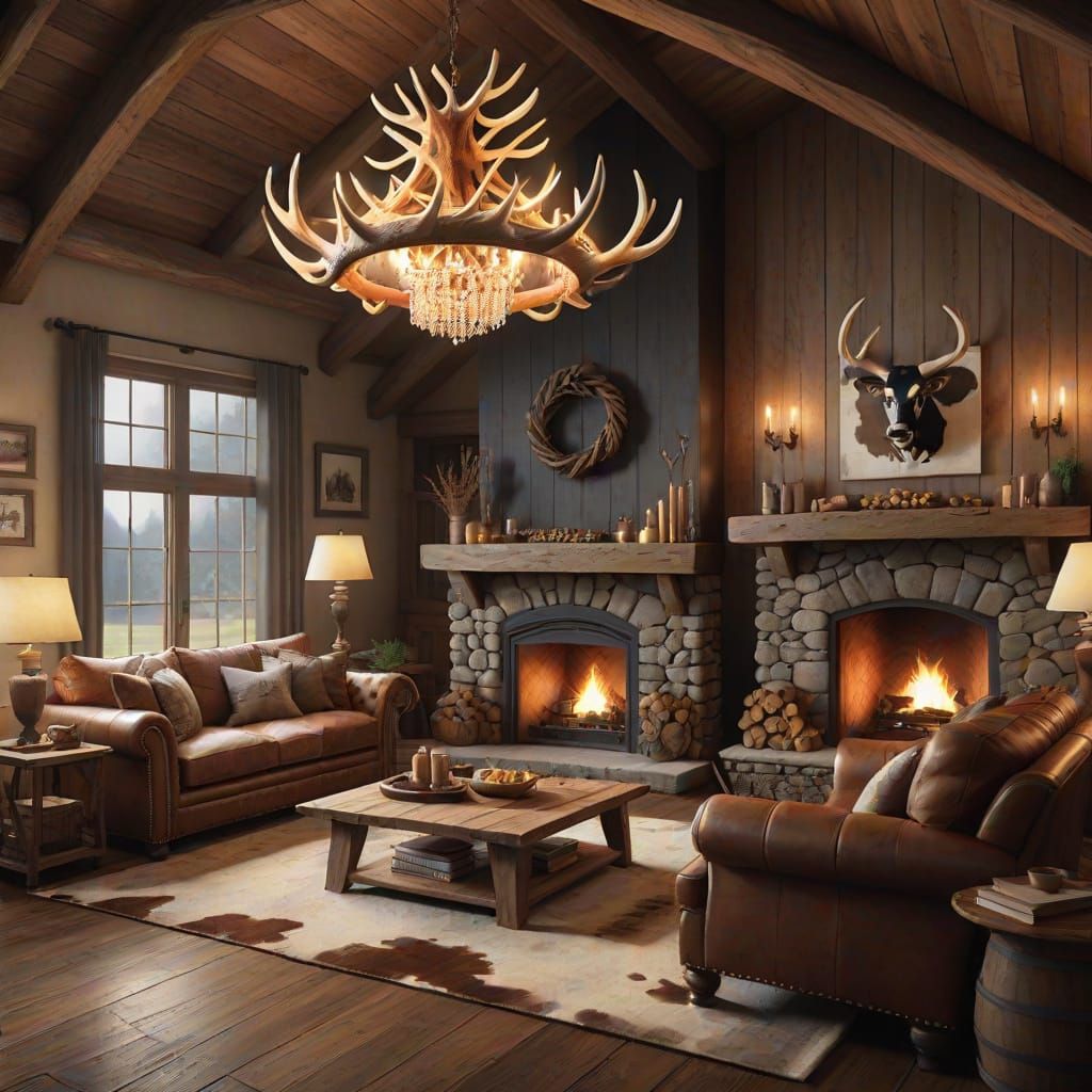 Cozy Farmhouse Lounge with Antler Chandelier and Fireplace