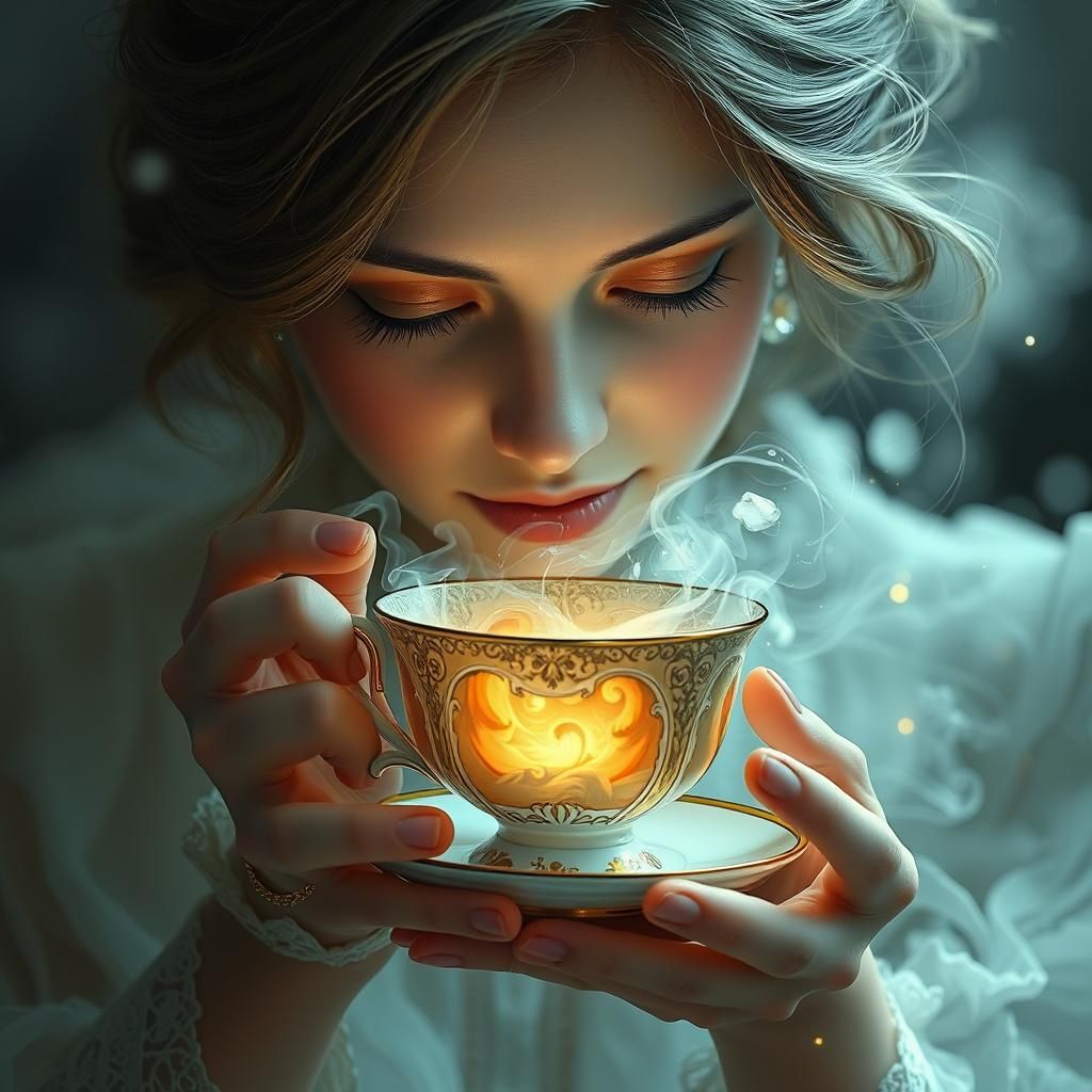 Mystical Teacup Reading in Dreamlike Digital Art