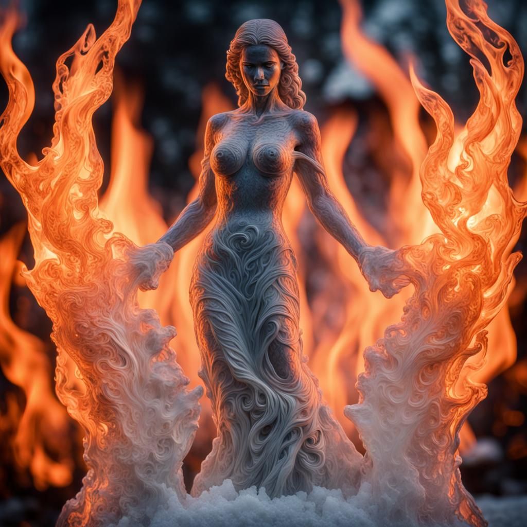 Striking Ice Sculpture in Flames: Hyperrealistic Detail