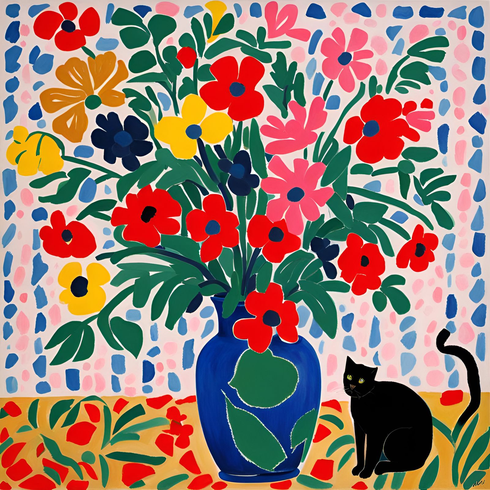 Modern Floral Still Life with Cat in Matisse Style