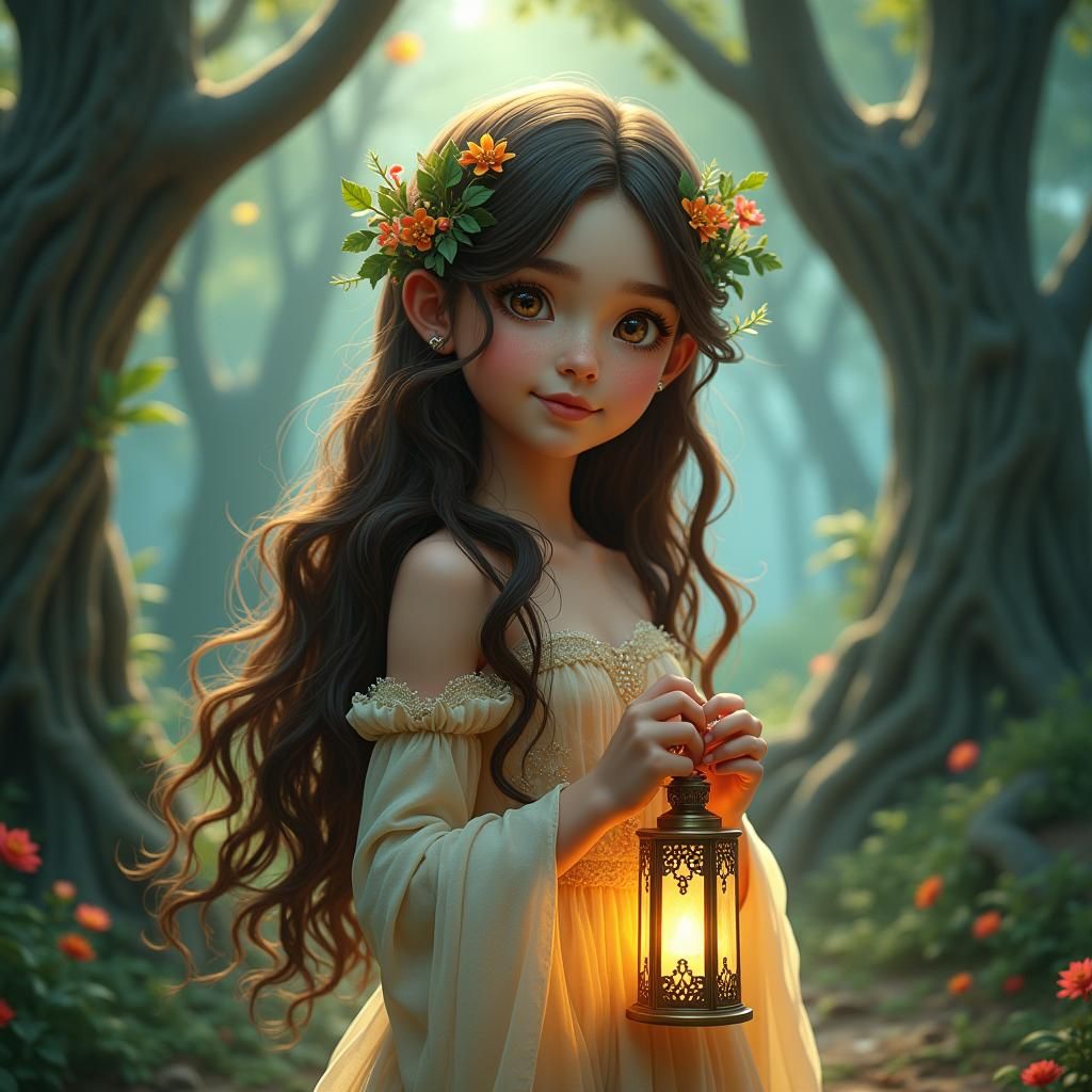 Ethereal Girl in Mystical Forest, Detailed Matte Painting