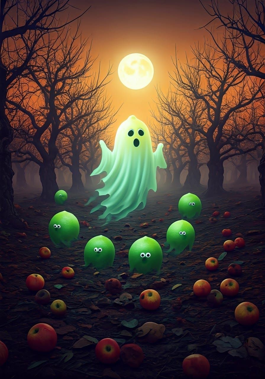 Surreal Ghostly Encounter in an Otherworldly Apple Orchard
