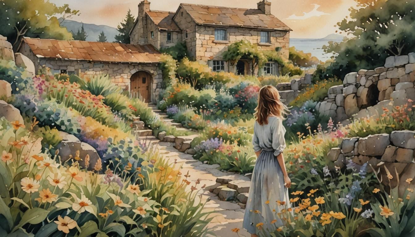 Watercolor Garden by the Sea in Tonalist Style
