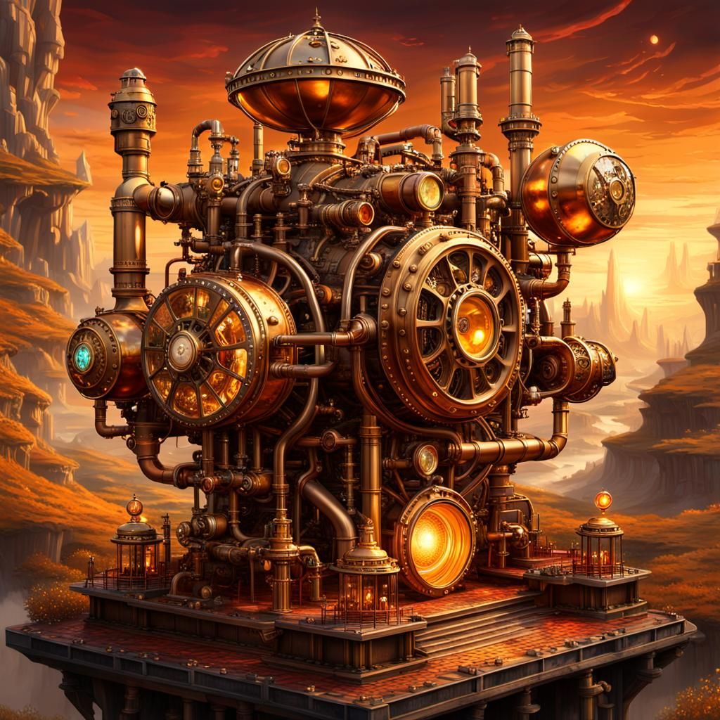 Surreal Steampunk Engine in Ruby and Citrine Hued Landscape
