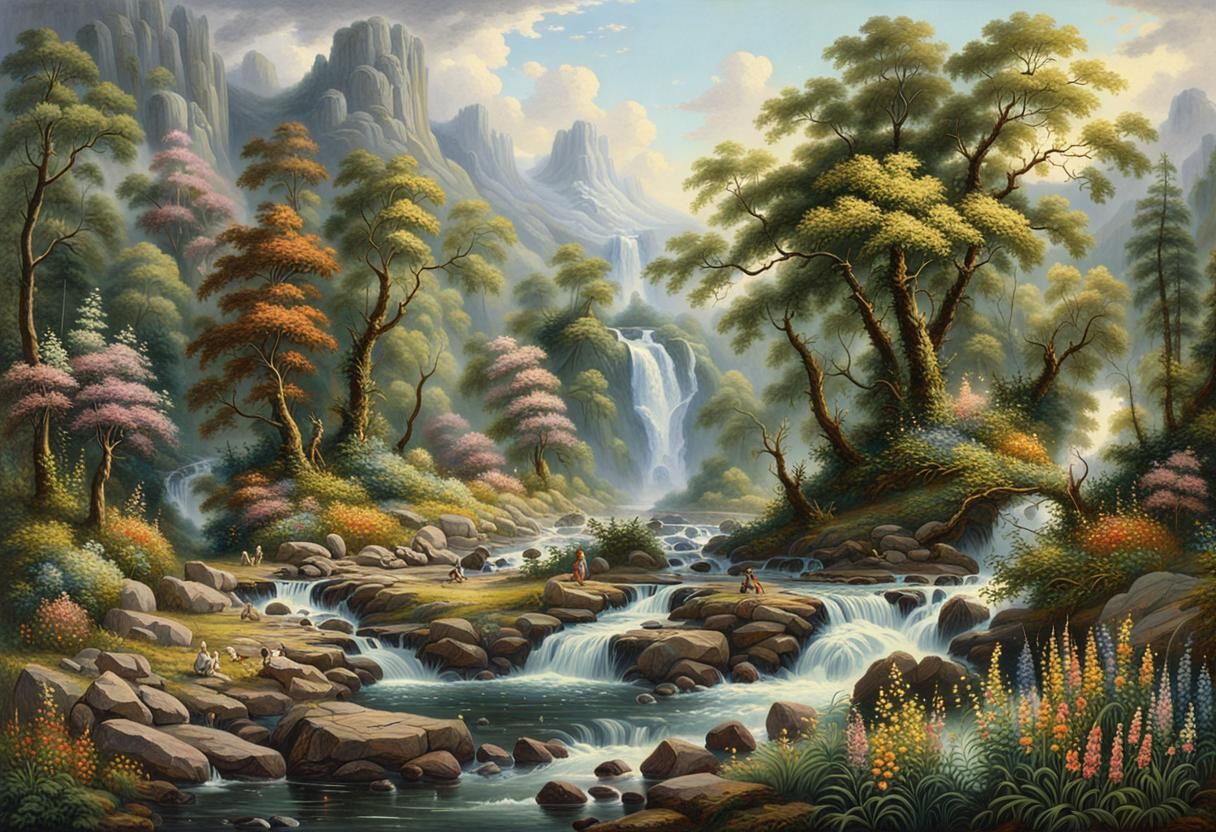 Lush Mountain River Landscape with Waterfalls