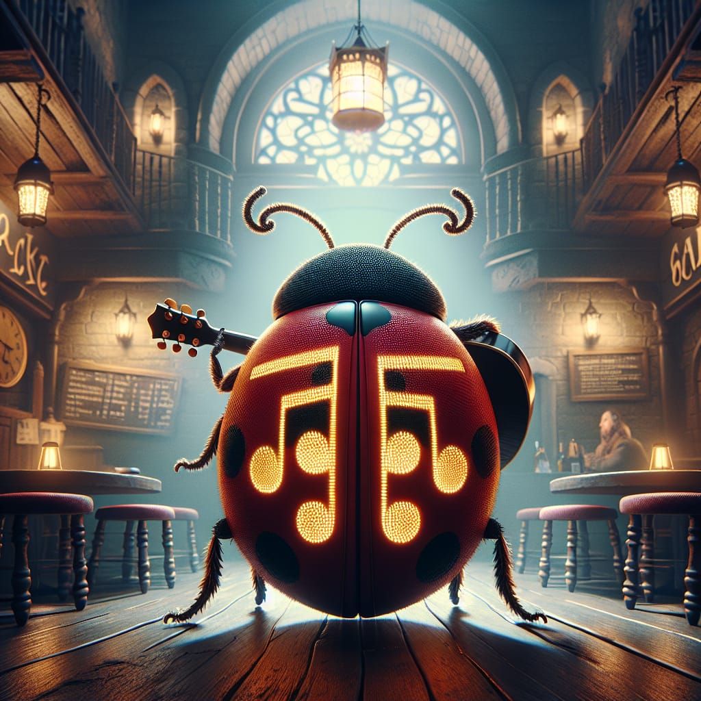 Magical Ladybug Plays Guitar in Gothic Cafe