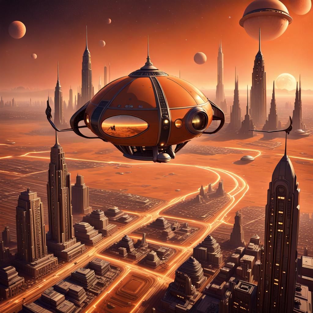 Art Deco Marsport Skyline with Flying Taxi