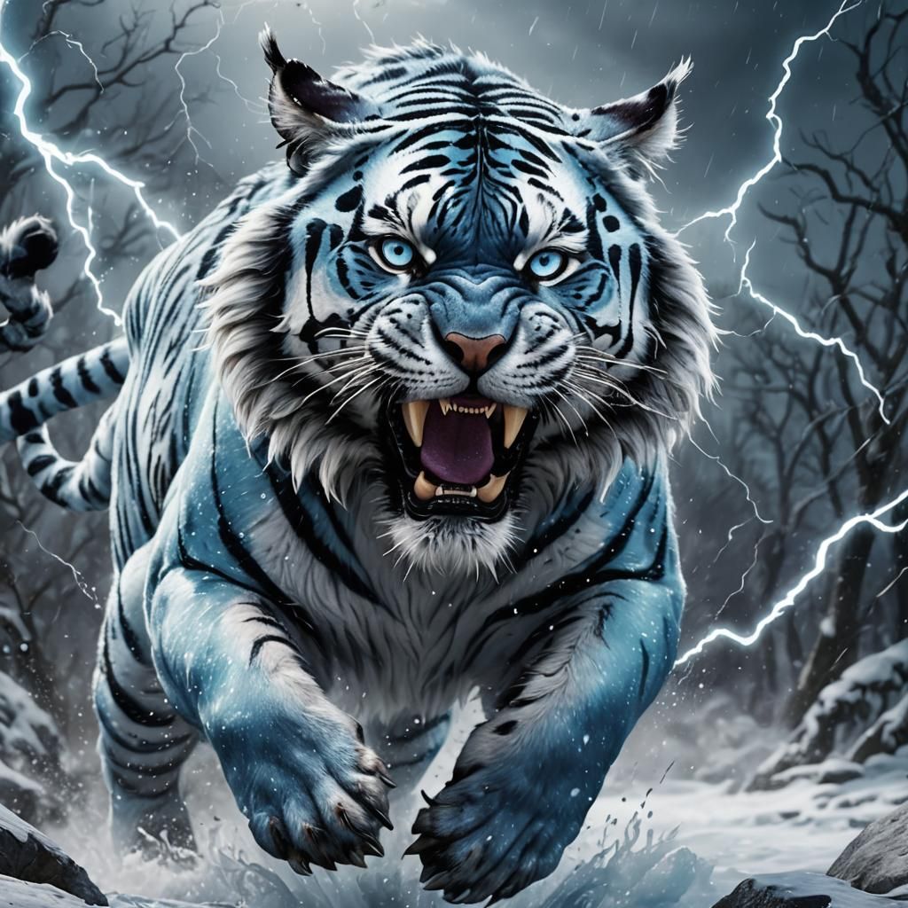 Hyper-Realistic Blue Tiger with Lightning Eyes in Icy Landsc...