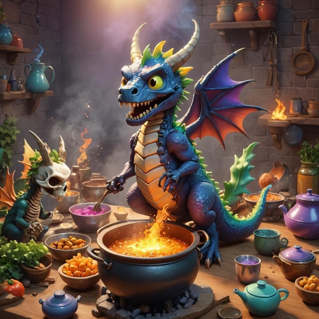 Whimsical Fairy Dragon Brews Potion in Cauldron